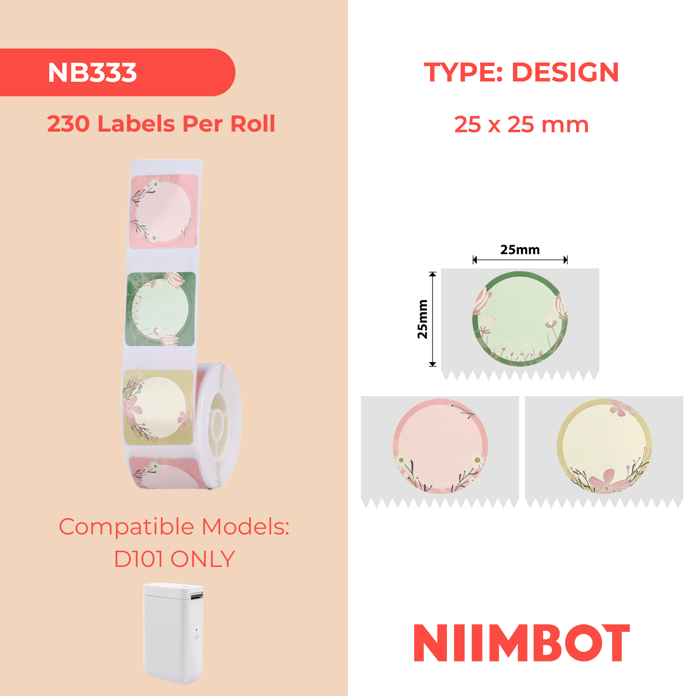 NB333 - Niimbot - D101 Only - 25x25mm - 230 Flower Labels