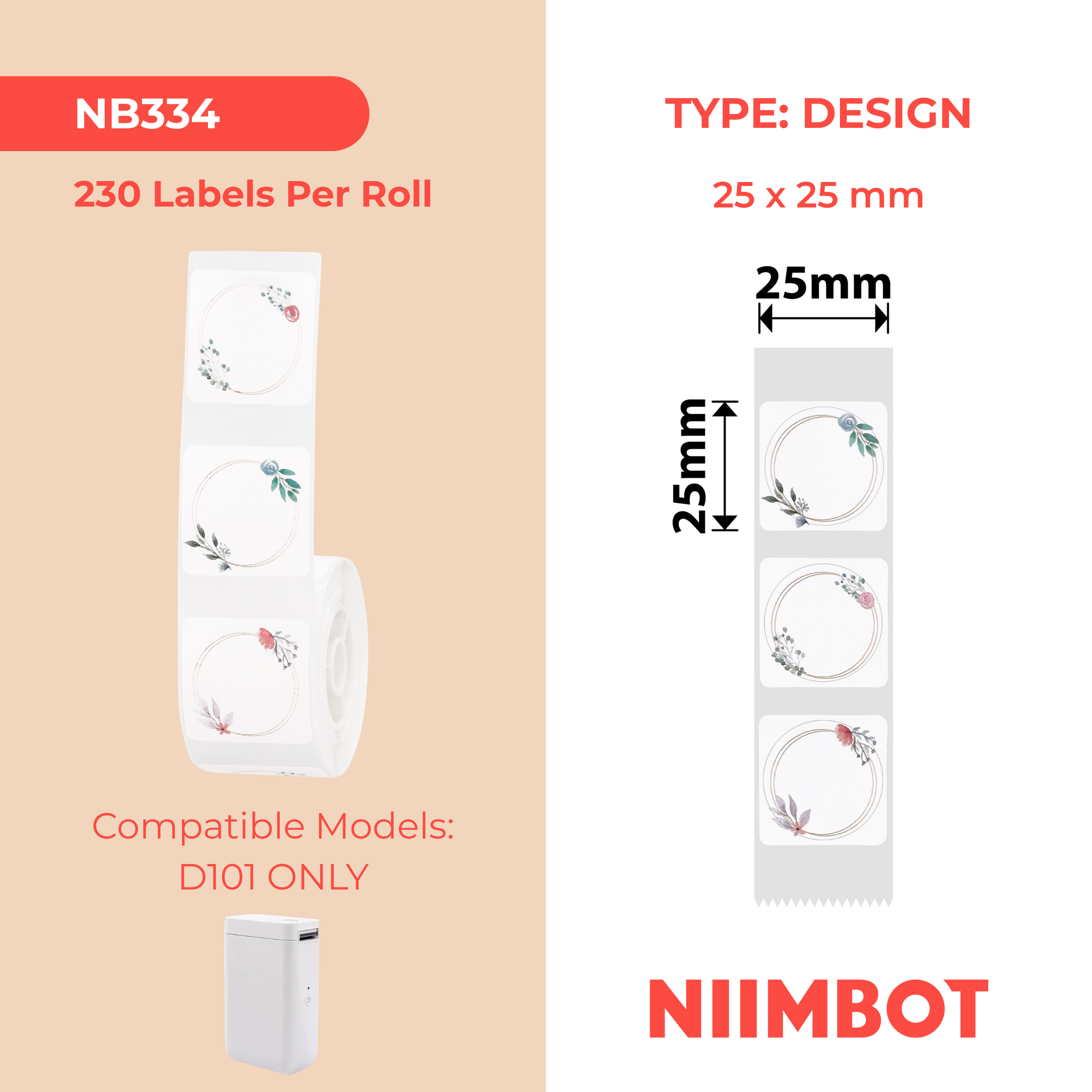 NB334 - Niimbot - D101 Only - 25x25mm - 230 Flower Park Round Labels