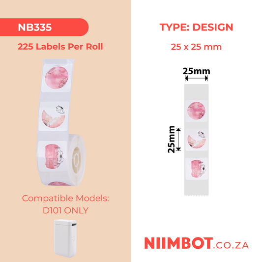 NB335 - NIIMBOT - D101 ONLY - R25X25MM - 225 LABELS PER ROLL - ROUND - PINK