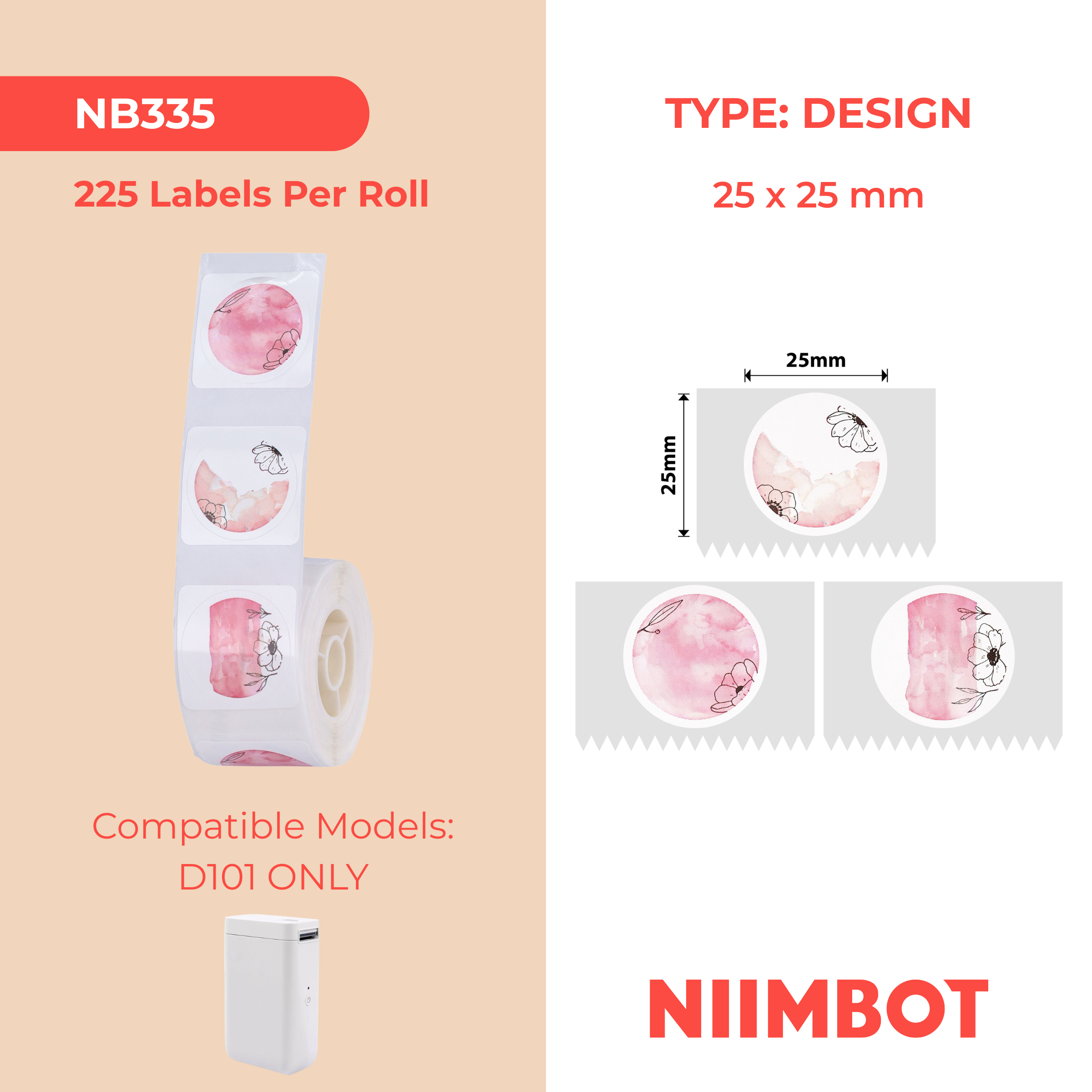 NB335 - Niimbot - D101 Only - 25x25mm - 225 Flower Pink Round Labels