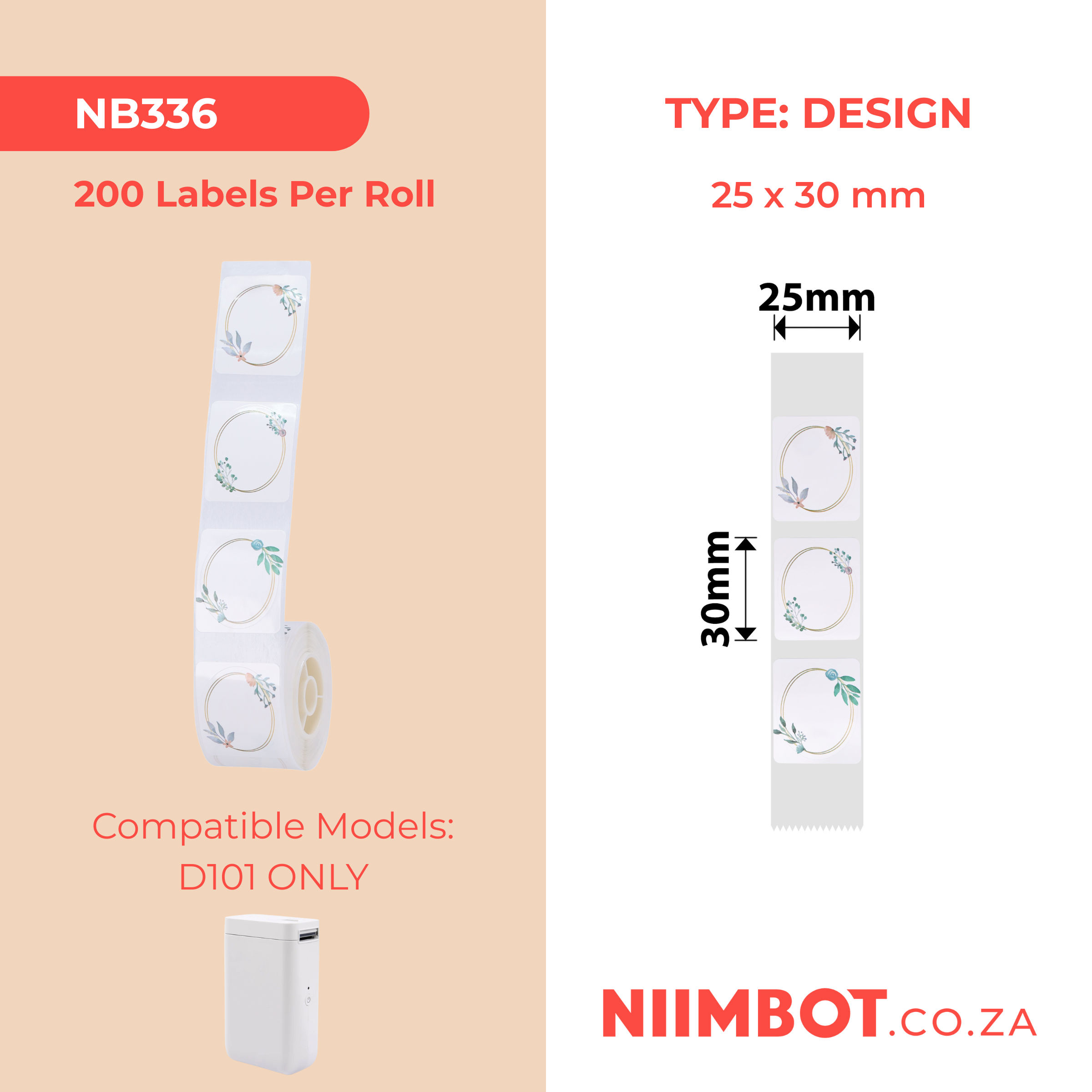 NB336 - NIIMBOT - D101 ONLY - R25X30MM - 200 LABELS PER ROLL - PARK OVAL DESIGN