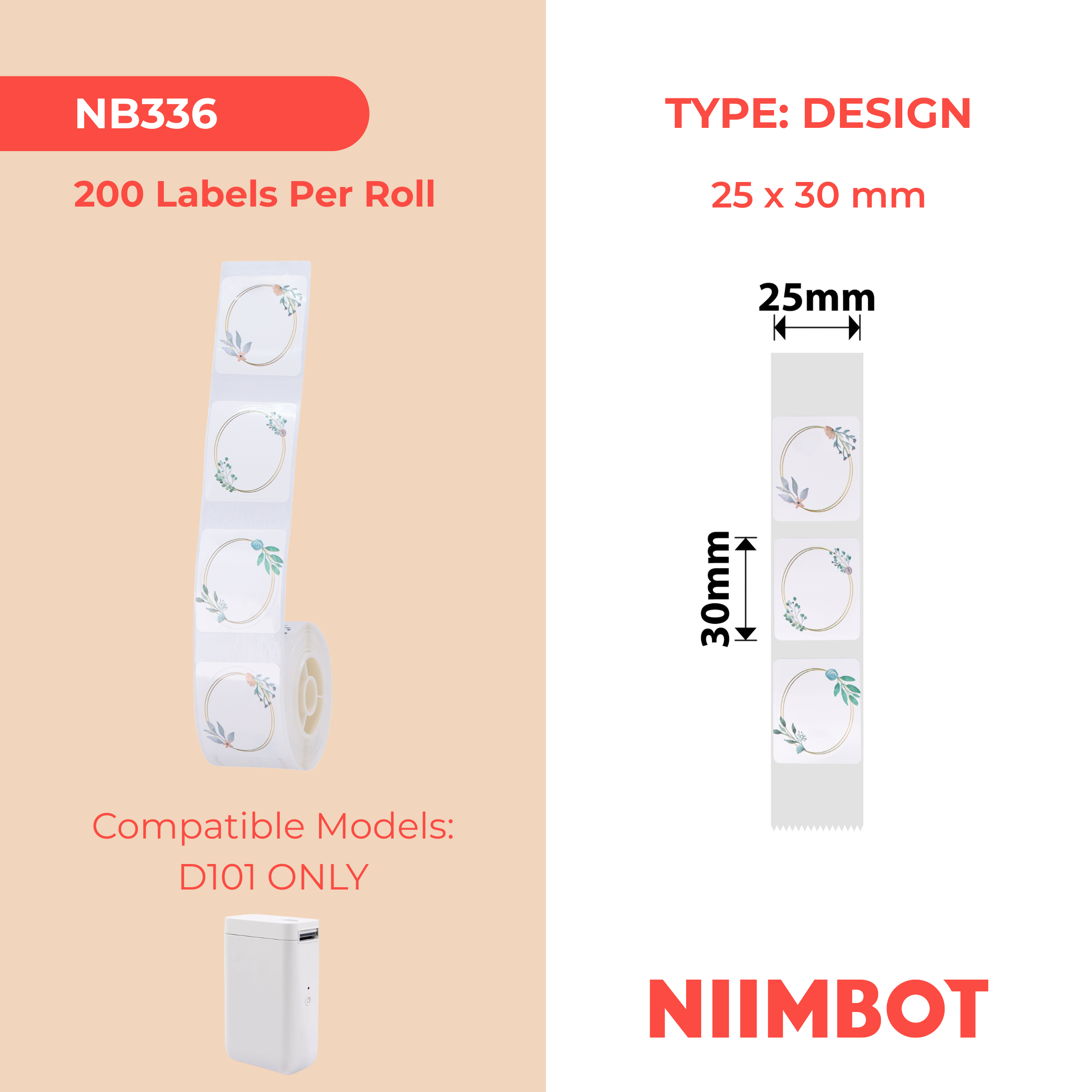 NB336 - NIIMBOT - D101 ONLY - R25X30MM - 200 LABELS PER ROLL - PARK OVAL DESIGN