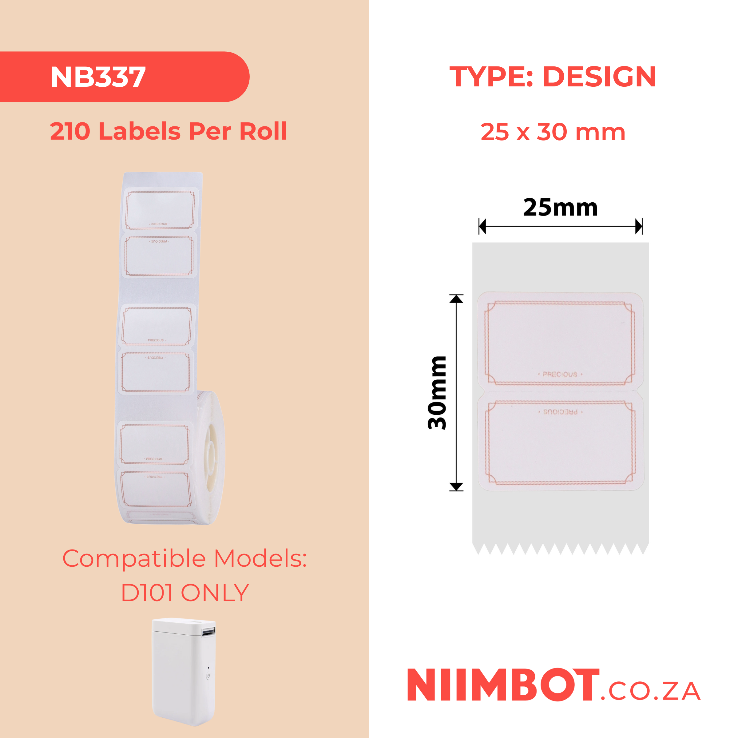 NB337 - NIIMBOT - D101 ONLY - R25X30MM - 210 LABELS PER ROLL - ELEGANT DESIGN