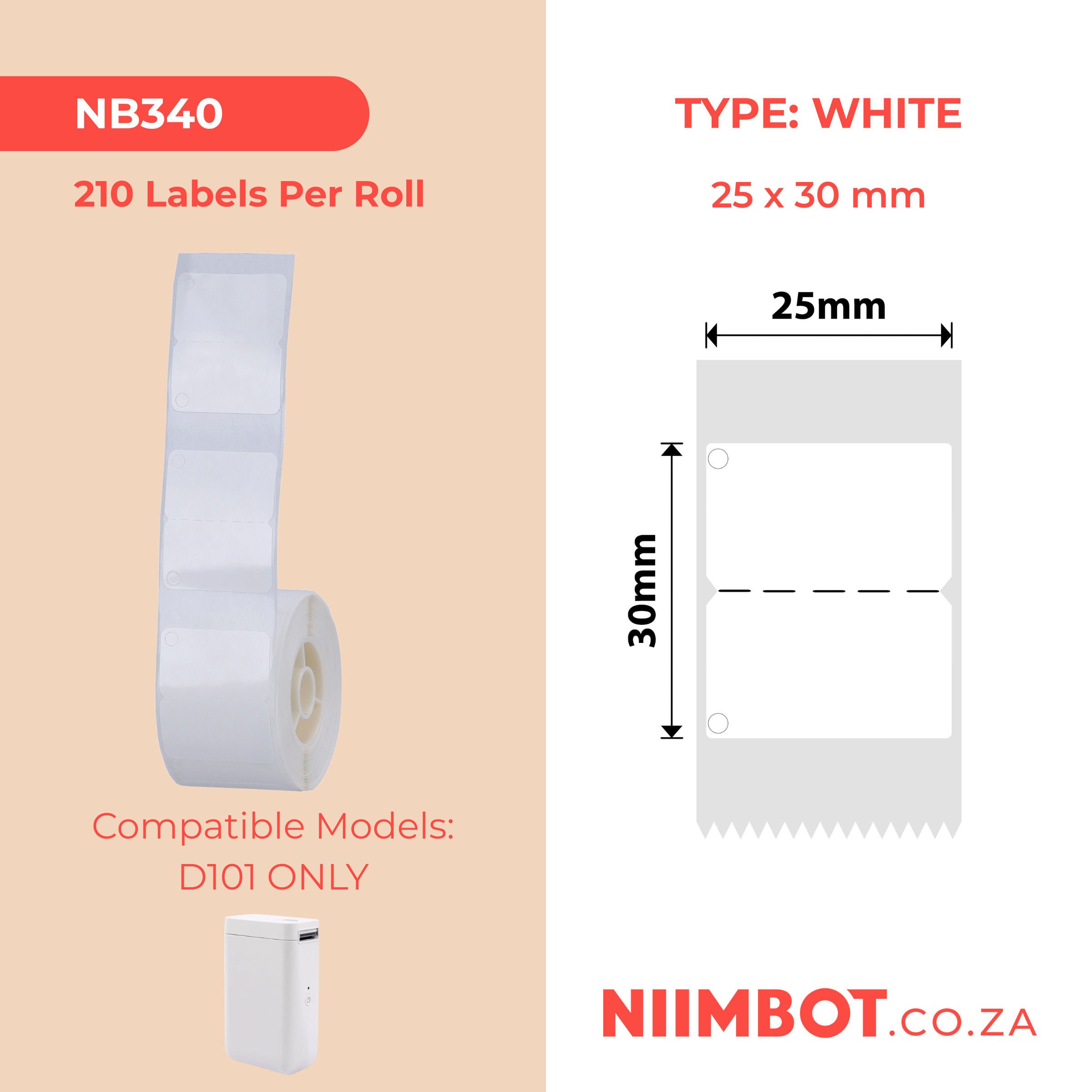 NB340 - NIIMBOT - D101 ONLY - R25X30MM - 210 LABELS PER ROLL - WITH HOLE DESIGN