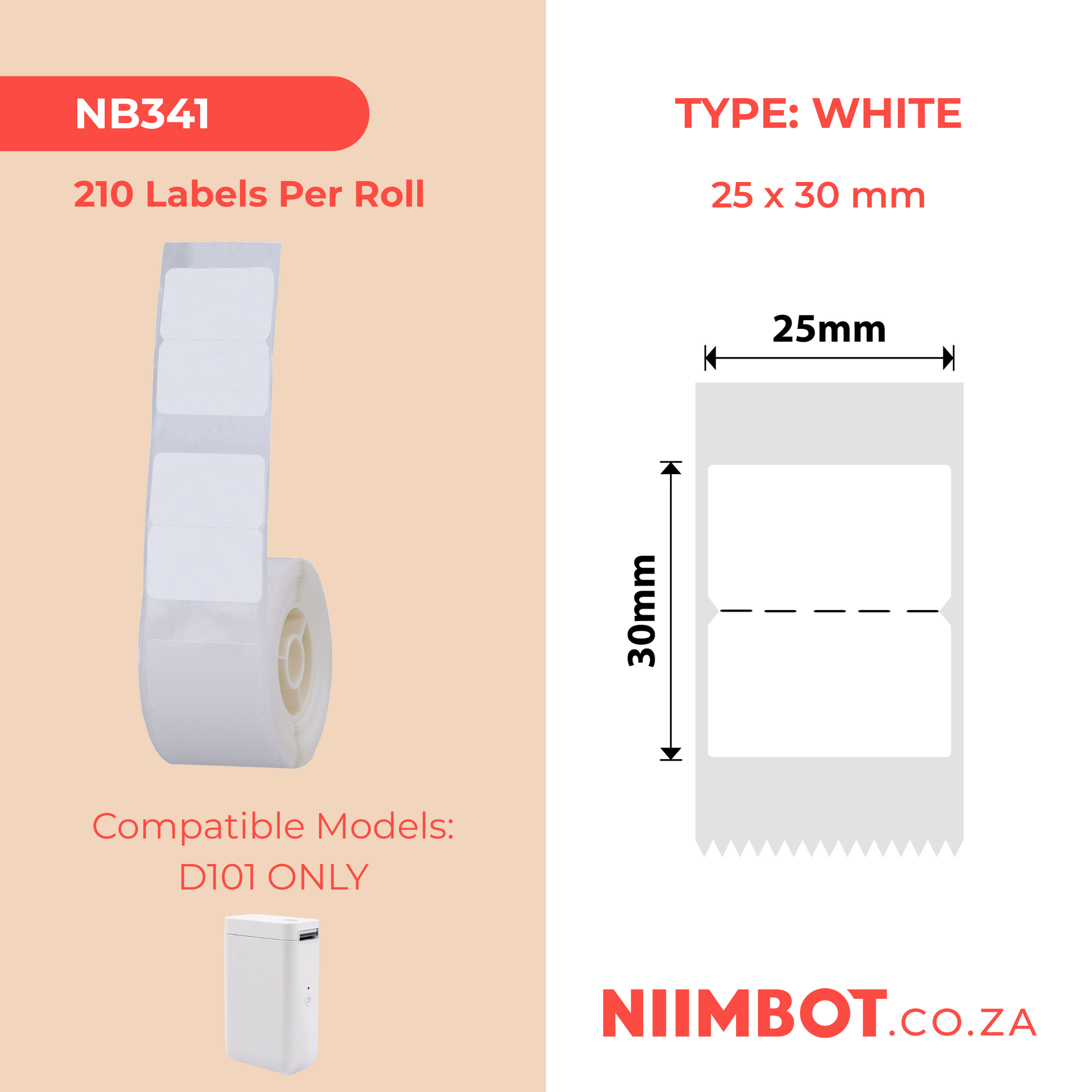 NB341 - NIIMBOT - D101 ONLY - R25X30MM - 210 LABELS PER ROLL - NO HOLE DESIGN