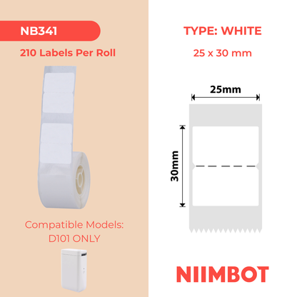 NB341 - NIIMBOT - D101 ONLY - R25X30MM - 210 LABELS PER ROLL - NO HOLE DESIGN