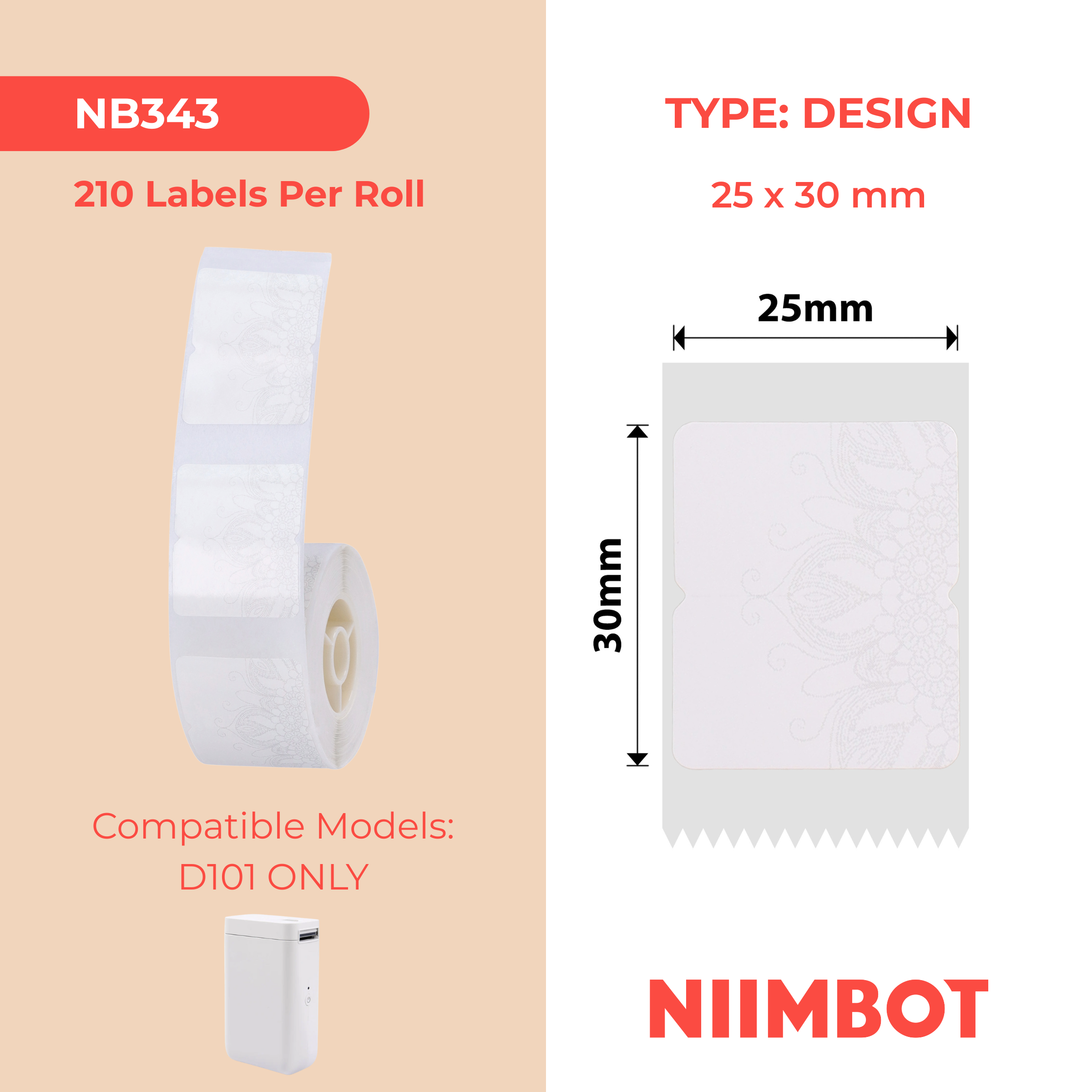 NB343 - Niimbot - D101 Only - 25x30mm - 210 Snow Colour Labels