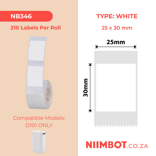 NB346 - NIIMBOT - D101 ONLY - R25X30MM - 210 LABELS PER ROLL - WHITE