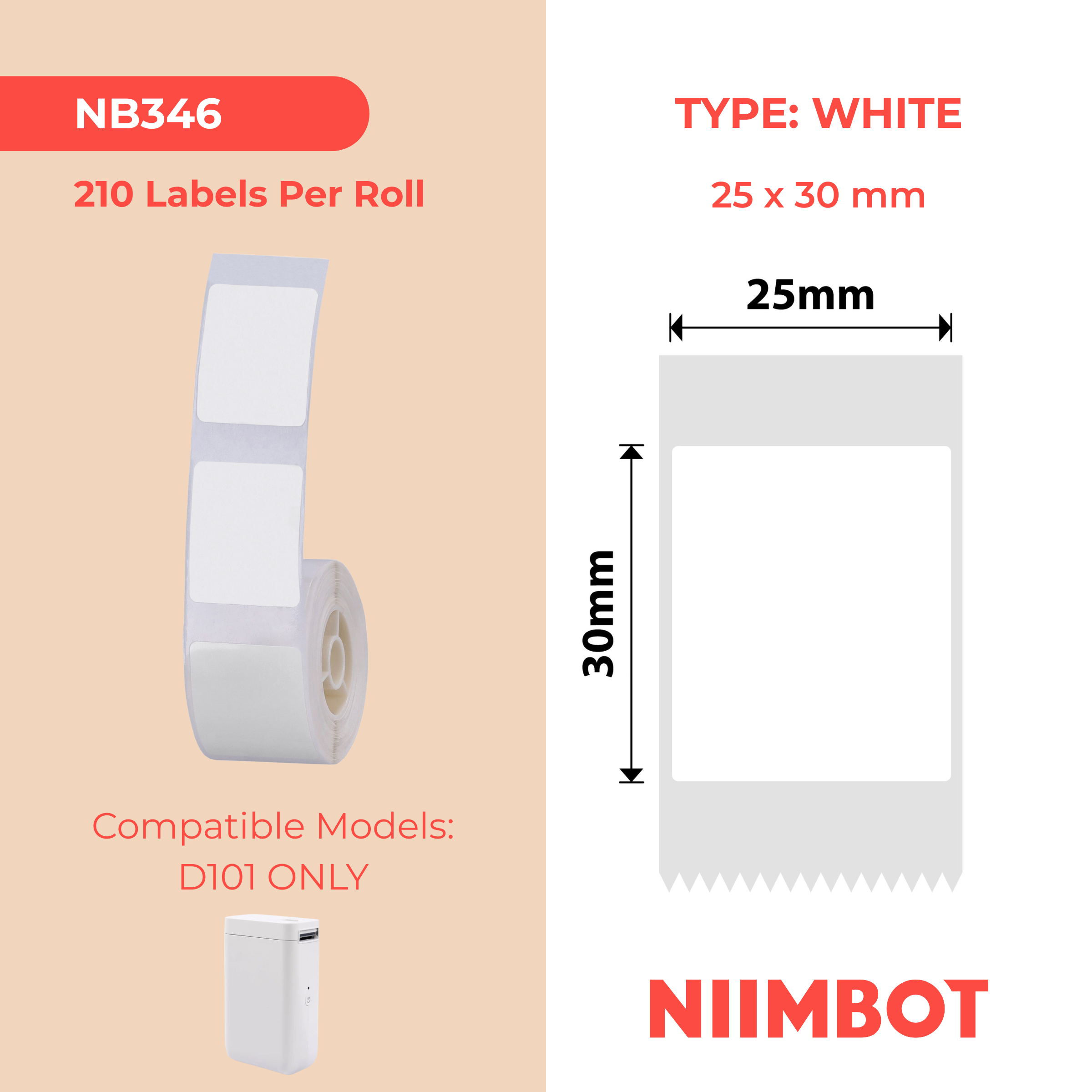 NB346 - Niimbot - D101 Only - 25x30mm - 210 White Labels