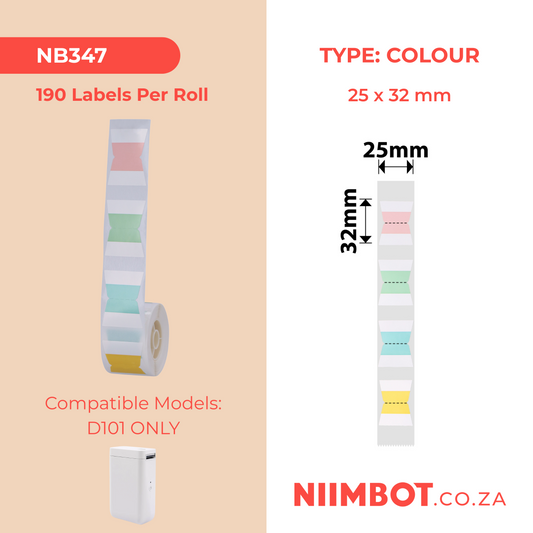 NB347 - NIIMBOT - D101 ONLY - R25X32MM - 190 LABELS PER ROLL - T SHAPE INDEX MIXED COLOURS