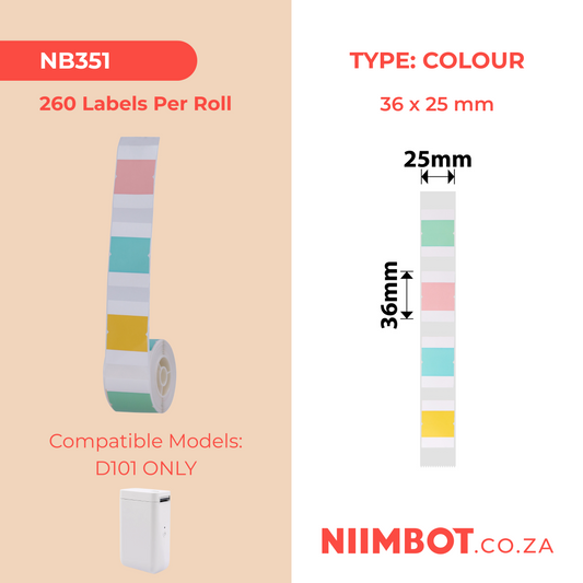 NB351 - NIIMBOT - D101 ONLY - T36X25MM - 260 LABELS PER ROLL - SQUARE INDEX DESIGN