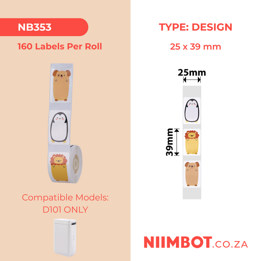 NB353 - NIIMBOT - D101 ONLY - R25X39MM - 160 LABELS PER ROLL - ANIMALS DESIGN