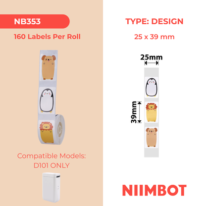 NB353 - NIIMBOT - D101 ONLY - R25X39MM - 160 LABELS PER ROLL - ANIMALS DESIGN