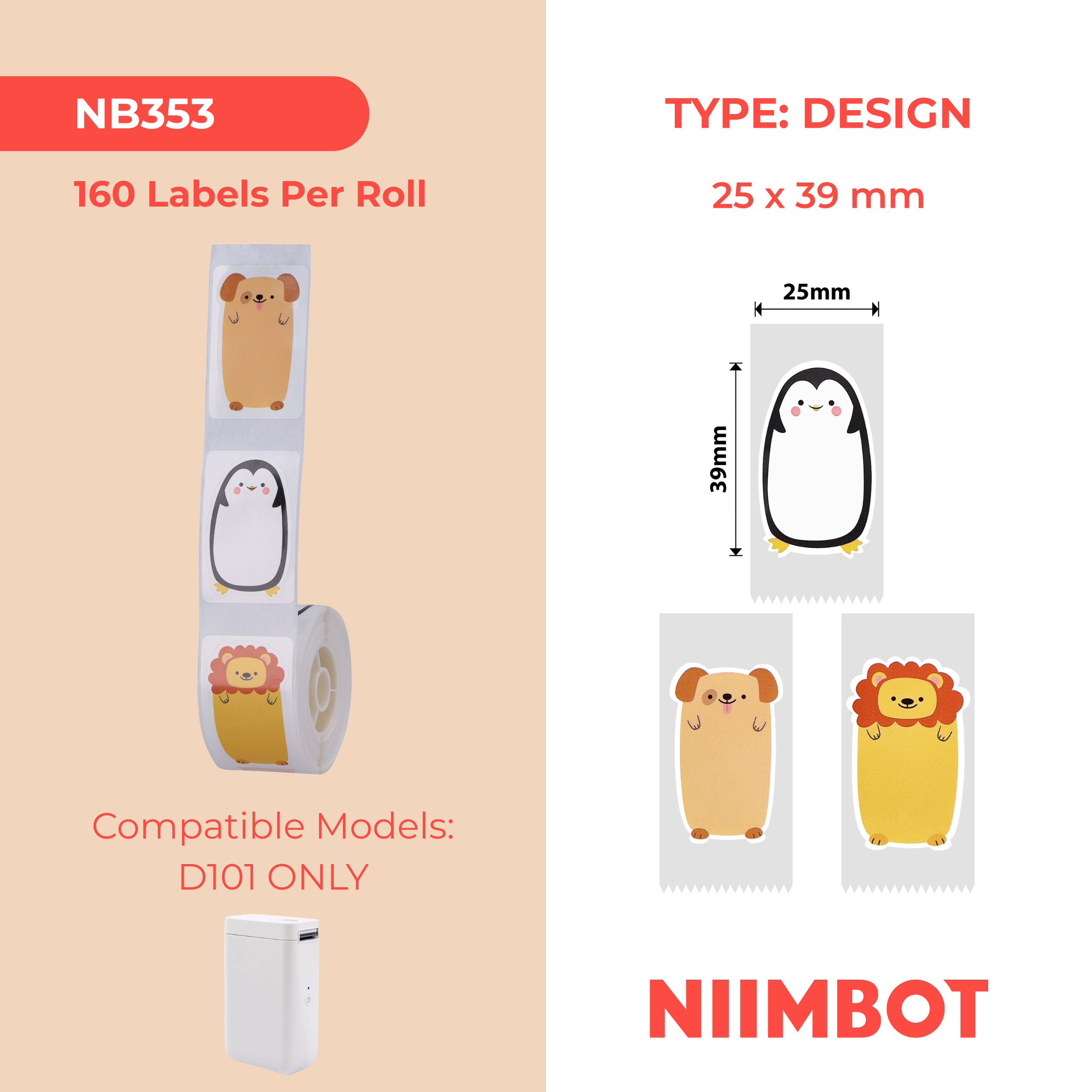 NB353 - Niimbot - D101 Only - 25x39mm - 160 Animals Labels