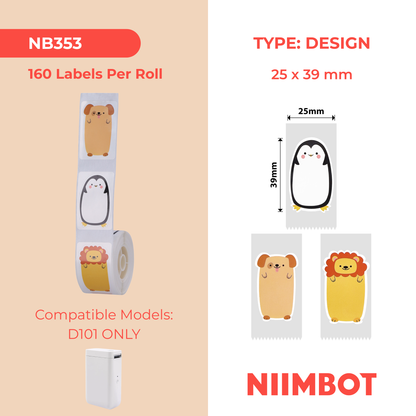 NB353 - Niimbot - D101 Only - 25x39mm - 160 Animals Labels