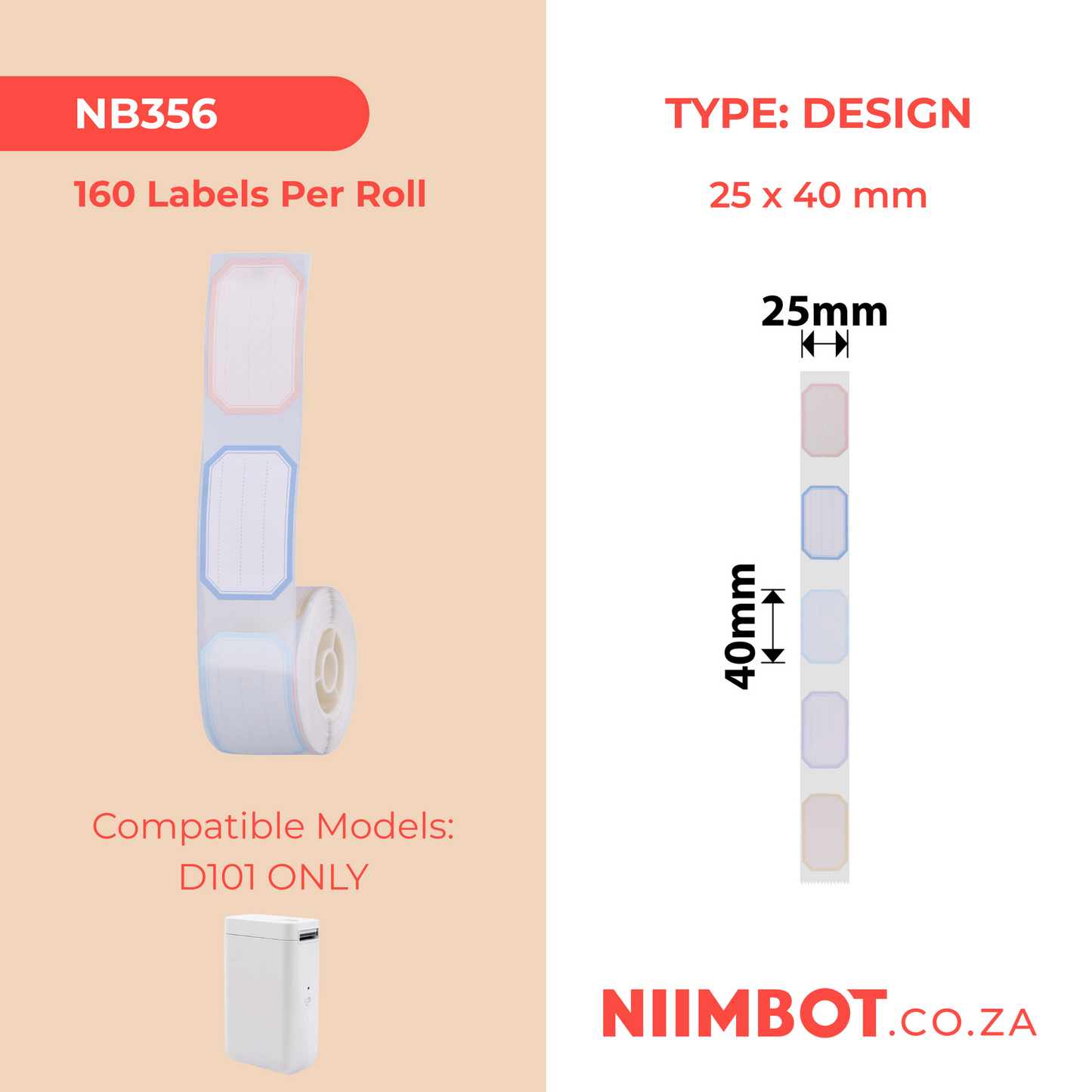 NB356 - NIIMBOT - D101 ONLY - R25X40MM - 160 LABELS PER ROLL - COLOUR BORDER DESIGN