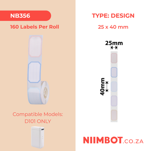 NB356 - NIIMBOT - D101 ONLY - R25X40MM - 160 LABELS PER ROLL - COLOUR BORDER DESIGN