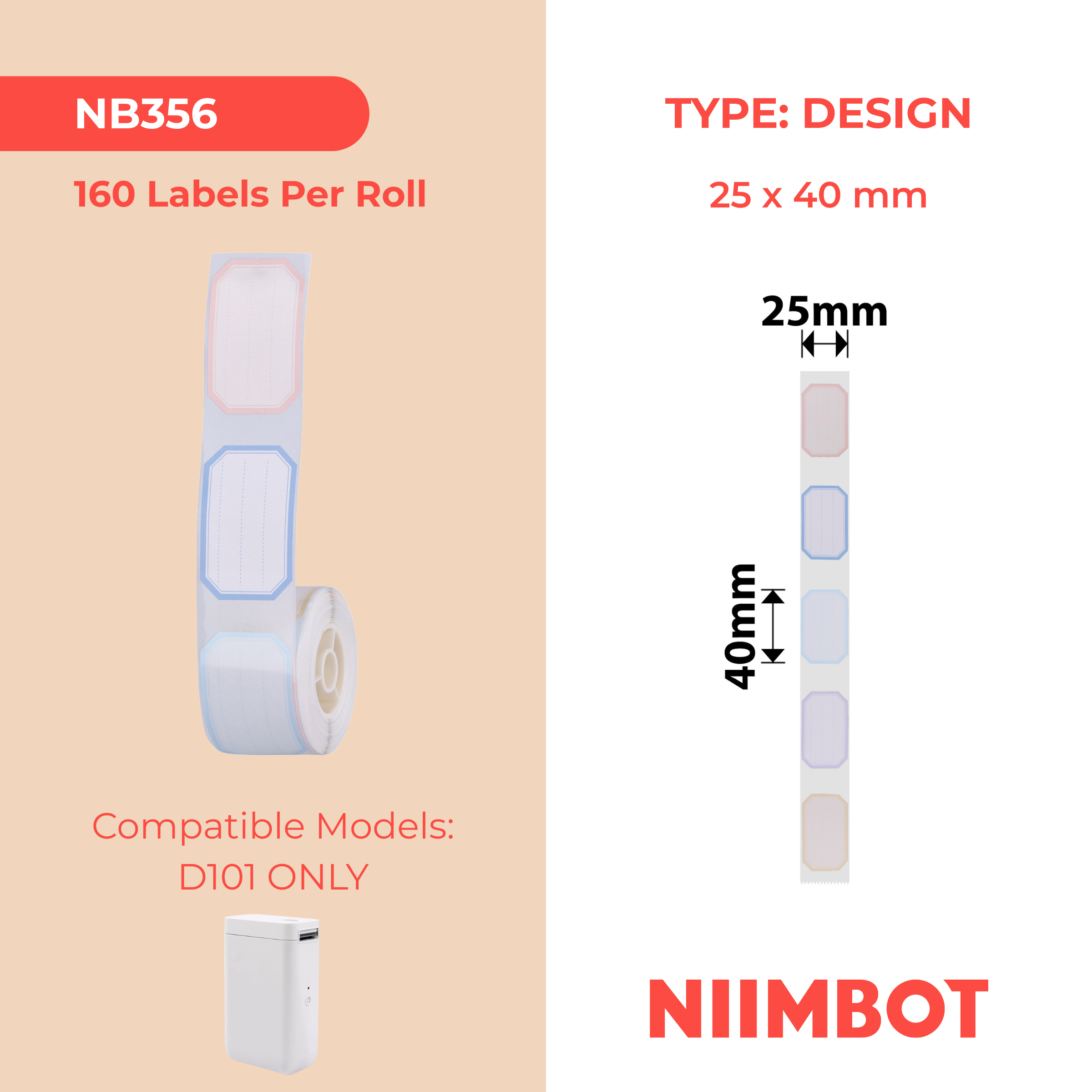 NB356 - NIIMBOT - D101 ONLY - R25X40MM - 160 LABELS PER ROLL - COLOUR BORDER DESIGN