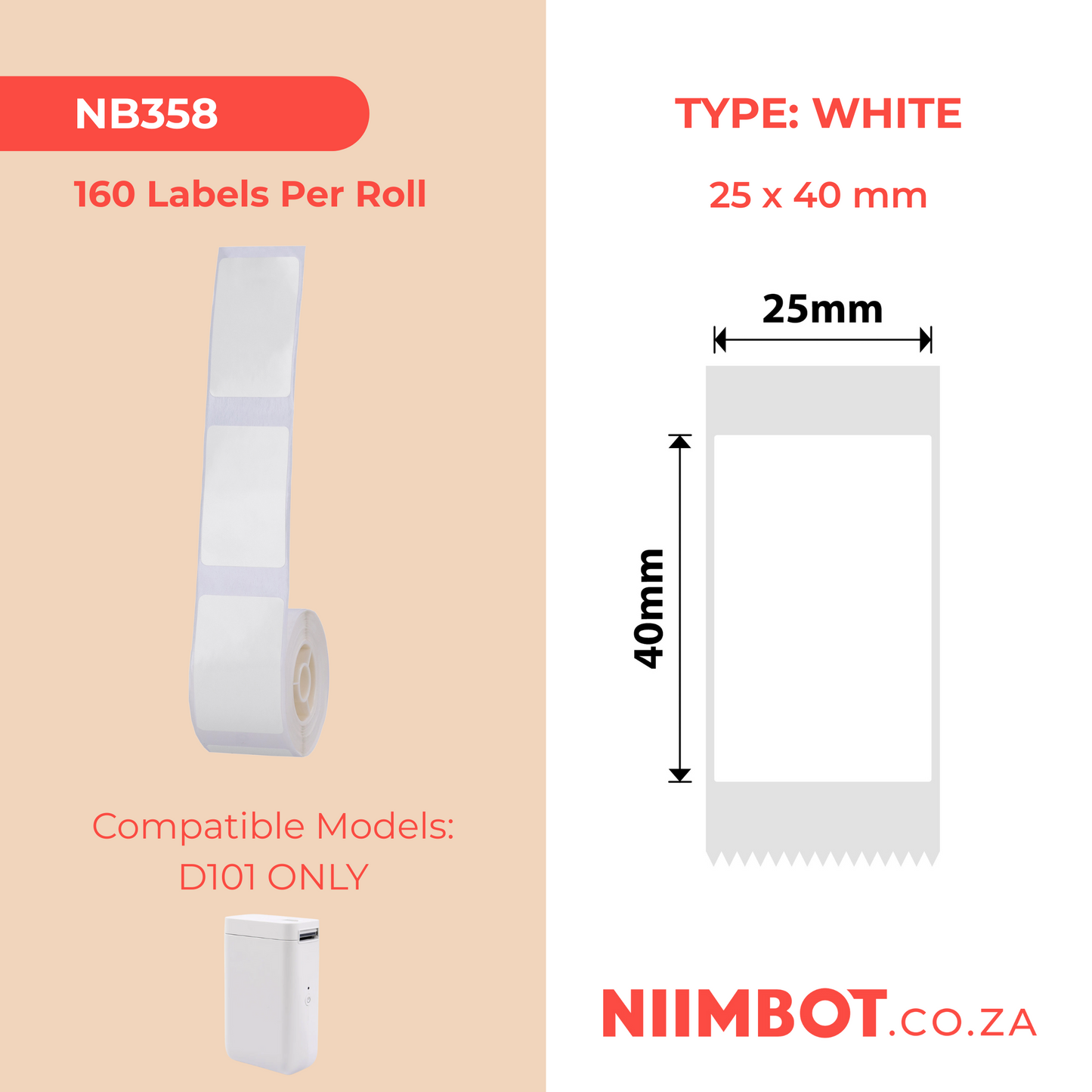 NB358 - NIIMBOT - D101 ONLY - R25X40MM - 160 LABELS PER ROLL - WHITE