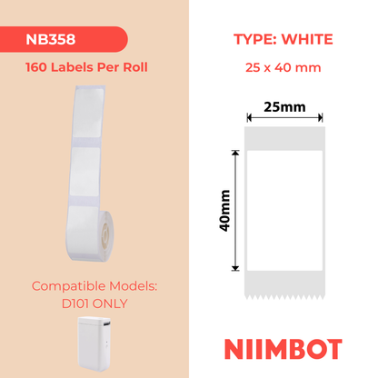 NB358 - NIIMBOT - D101 ONLY - R25X40MM - 160 LABELS PER ROLL - WHITE