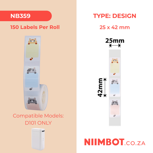 NB359 - NIIMBOT - D101 ONLY - R25X42MM - 150 LABELS PER ROLL - BABY CAT DESIGN