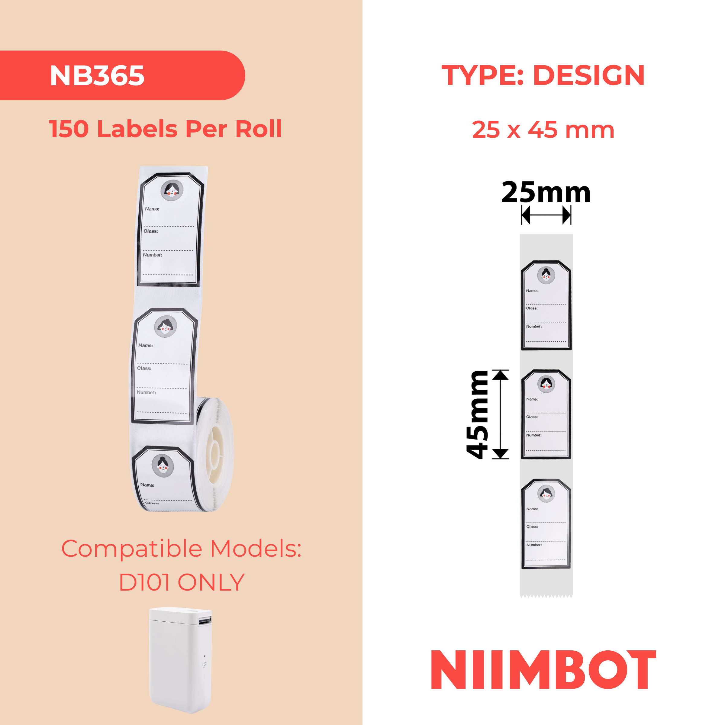 NB365 - NIIMBOT - D101 ONLY - R25X45MM - 150 LABELS PER ROLL - YOUNG GIRL DESIGN