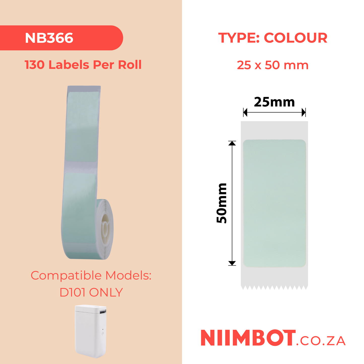 NB366 - NIIMBOT - D101 ONLY - R25X50MM - 130 LABELS PER ROLL - GREEN COLOUR