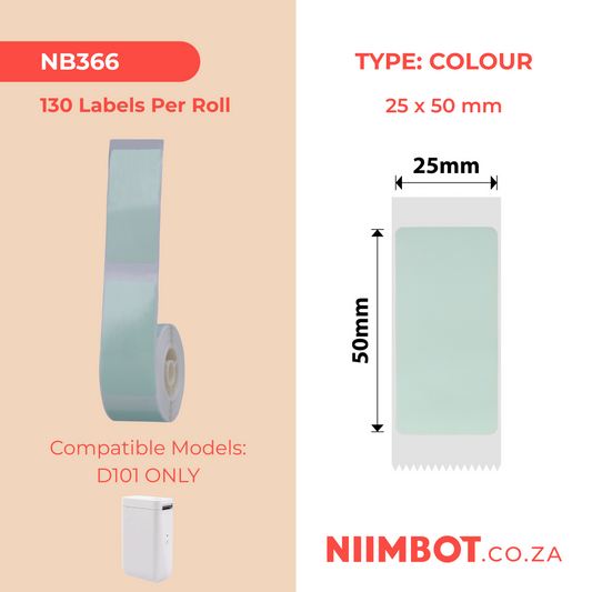 NB366 - NIIMBOT - D101 ONLY - R25X50MM - 130 LABELS PER ROLL - GREEN COLOUR