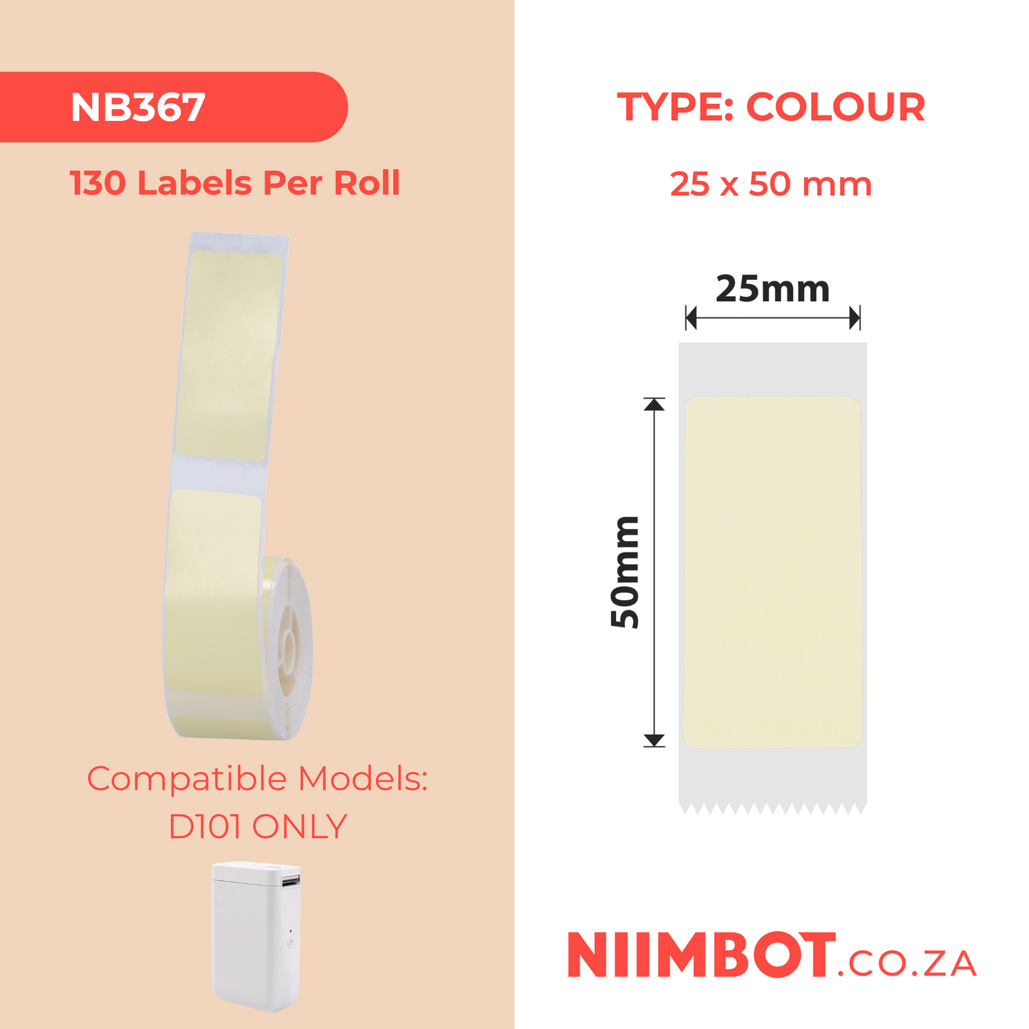 NB367 - NIIMBOT - D101 ONLY - R25X50MM - 130 LABELS PER ROLL - LEMON YELLOW COLOUR