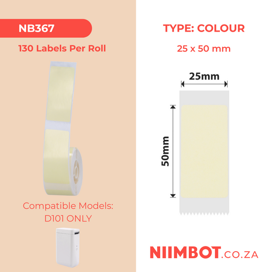 NB367 - NIIMBOT - D101 ONLY - R25X50MM - 130 LABELS PER ROLL - LEMON YELLOW COLOUR