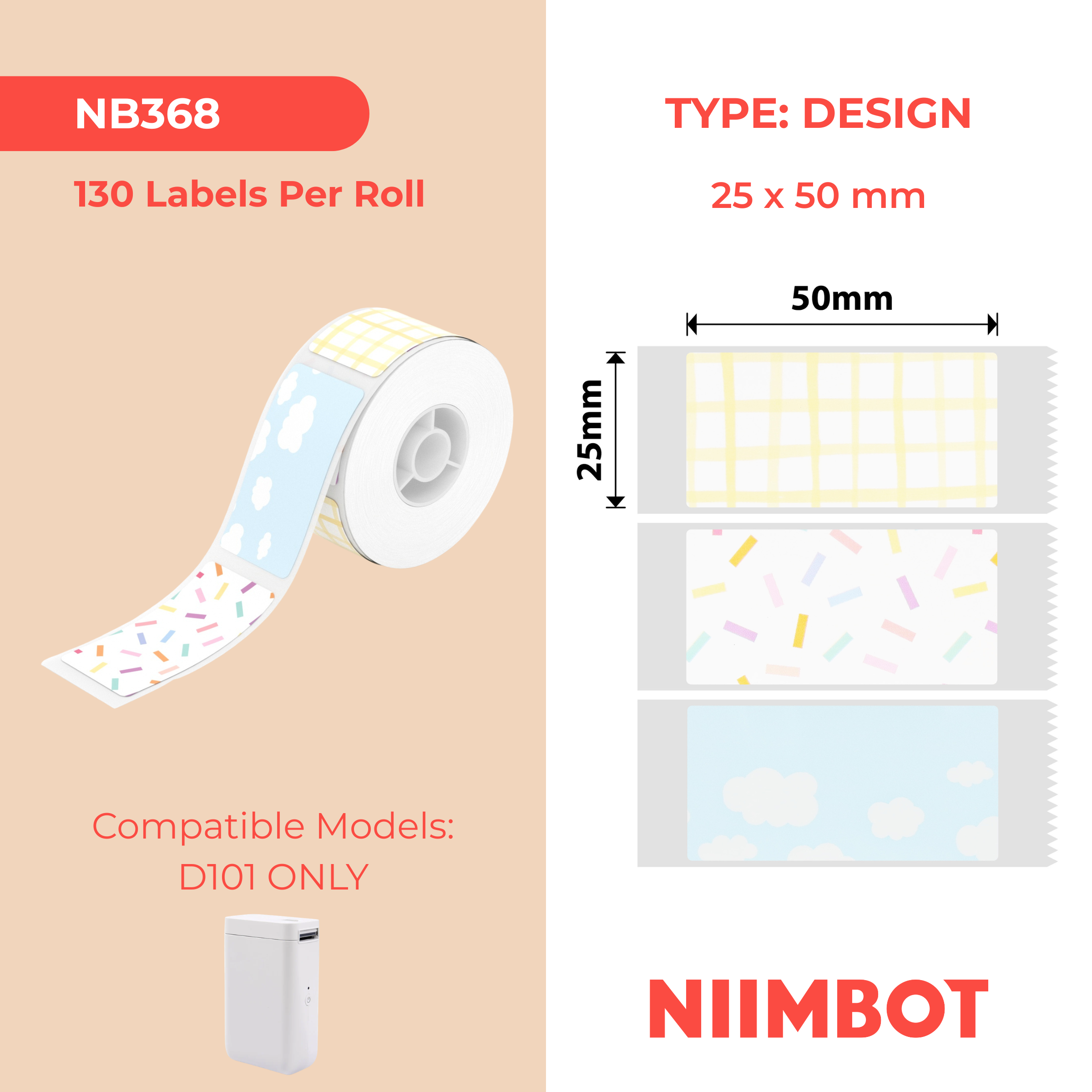 NB368 - Niimbot - D101 Only - 25x50mm - 125 Mixed Pattern Labels