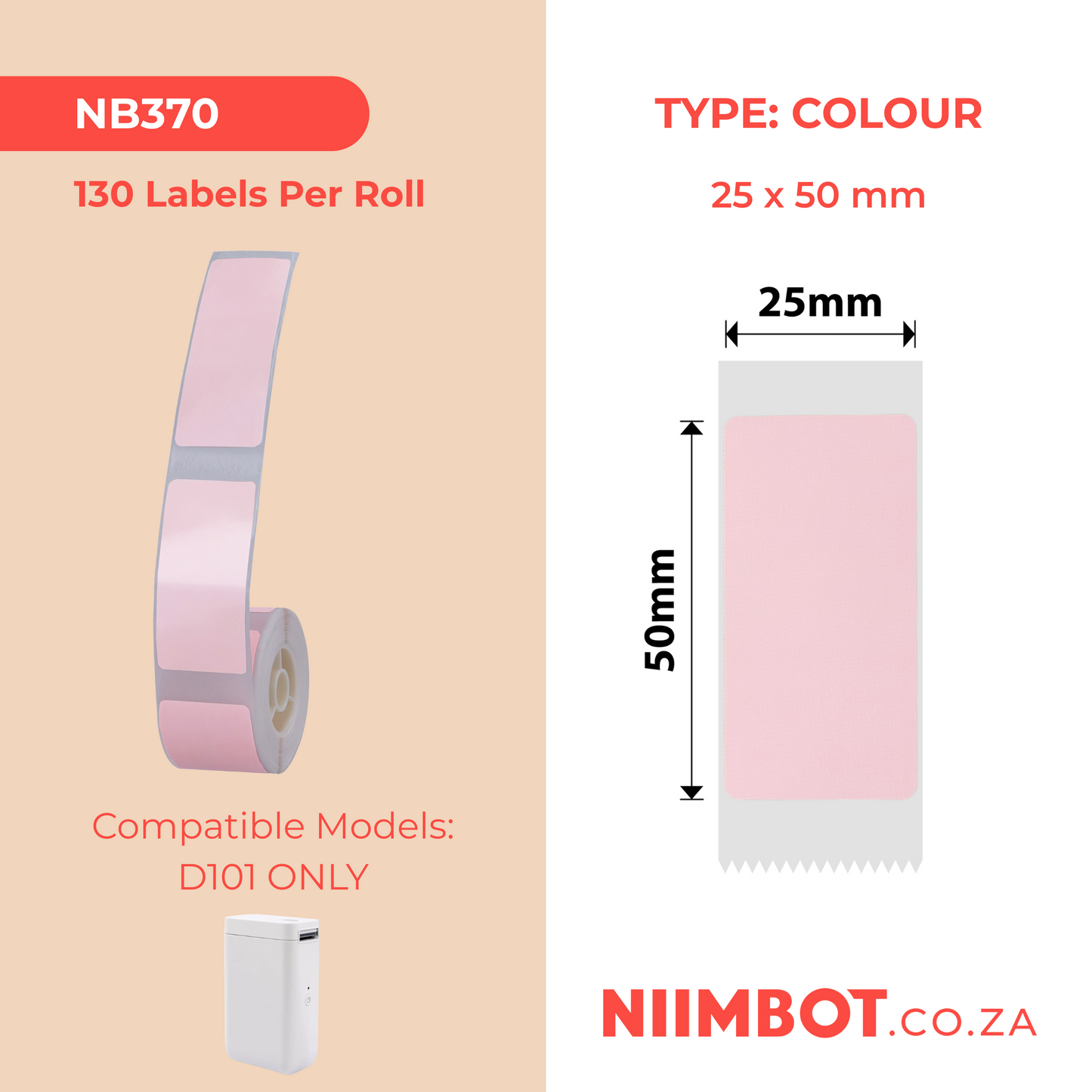 NB370 - NIIMBOT - D101 ONLY - R25X50MM - 130 LABELS PER ROLL - PINK