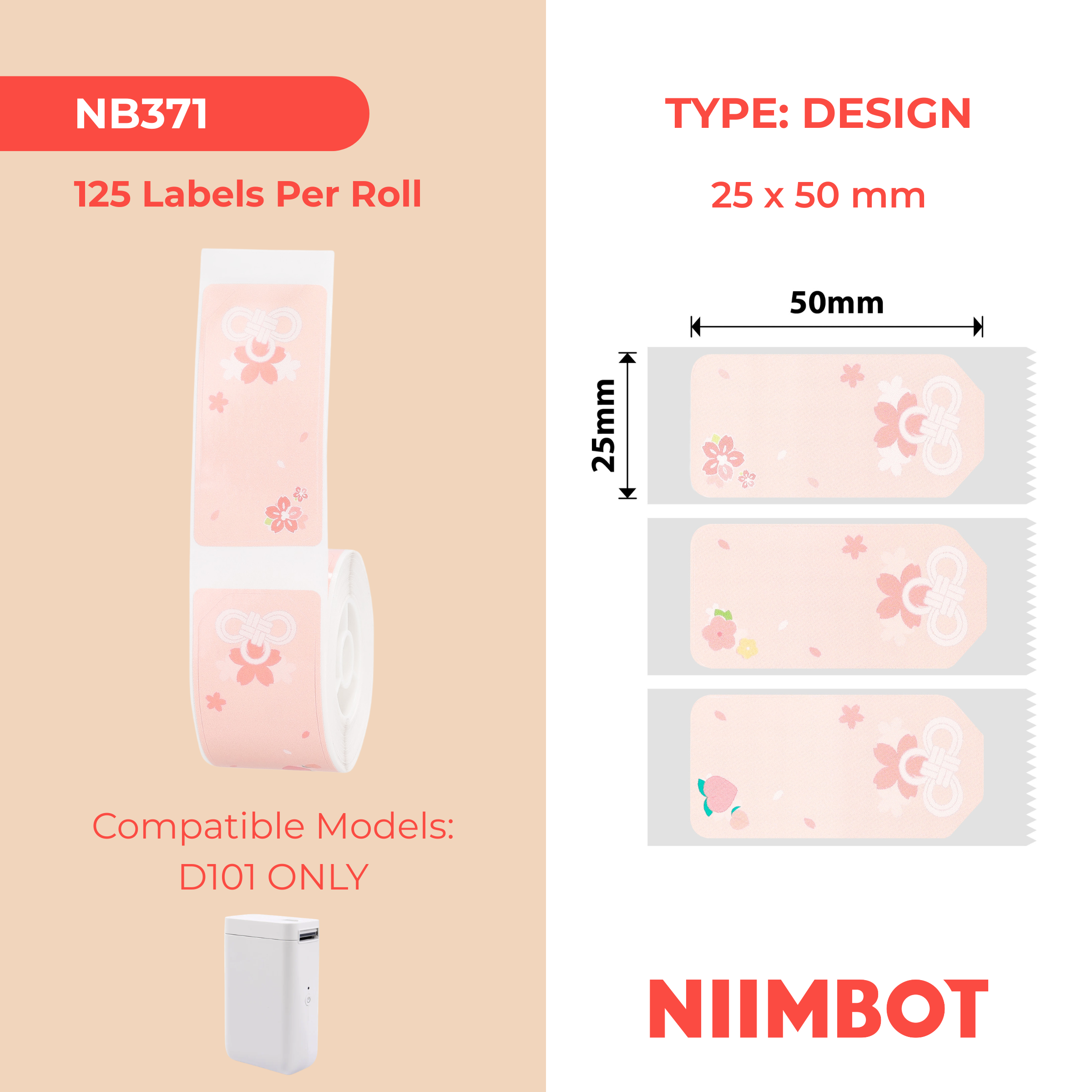 NB371 - Niimbot - D101 Only - 25x50mm - 125 Sakura Flower Knot Labels
