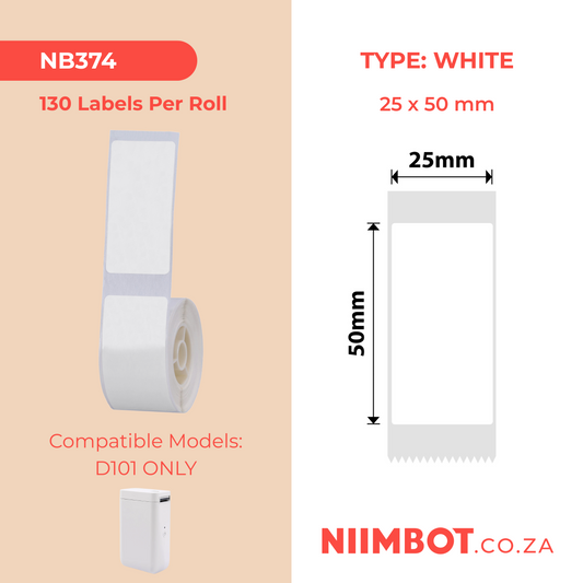 NB374 - NIIMBOT - D101 ONLY - R25X50MM - 130 LABELS PER ROLL - WHITE