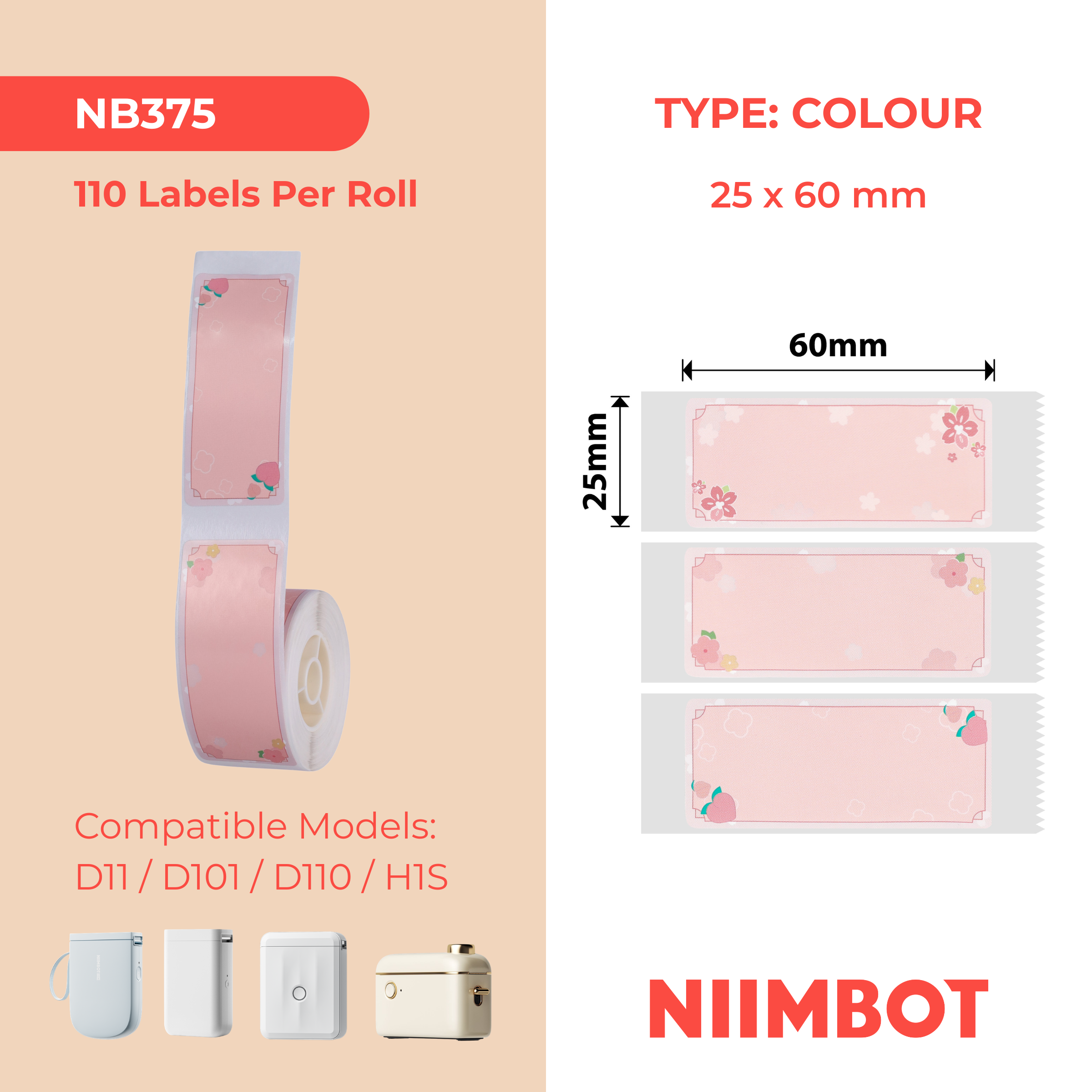 NB375 - Niimbot - D11 / D101 / D110 / H1S - 25x60mm - 110 Sakura Erya Labels