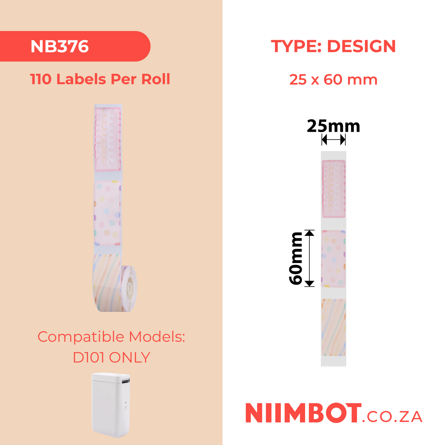 NB376 - NIIMBOT - D101 ONLY - R25X60MM - 110 LABELS PER ROLL - FLASH DAY DESIGN
