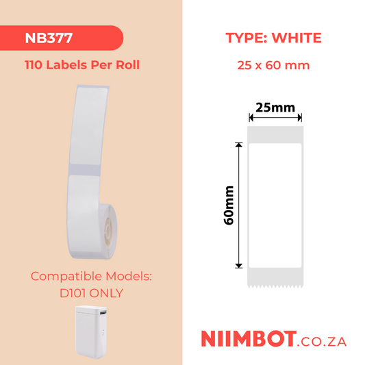 NB377 - NIIMBOT - D101 ONLY - R25X60MM - 110 LABELS PER ROLL - WHITE