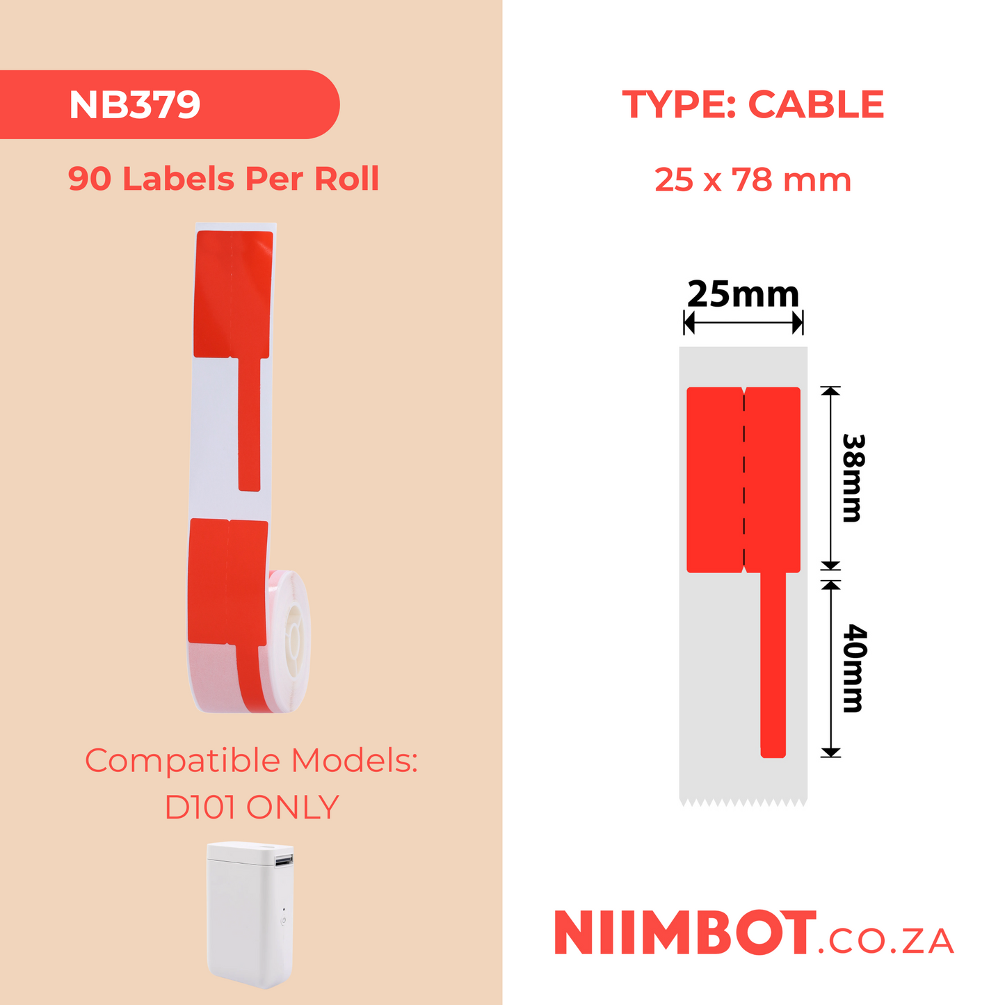 NB379 - NIIMBOT - D101 ONLY - R25X78MM - 90 LABELS PER ROLL - CABLE - RED