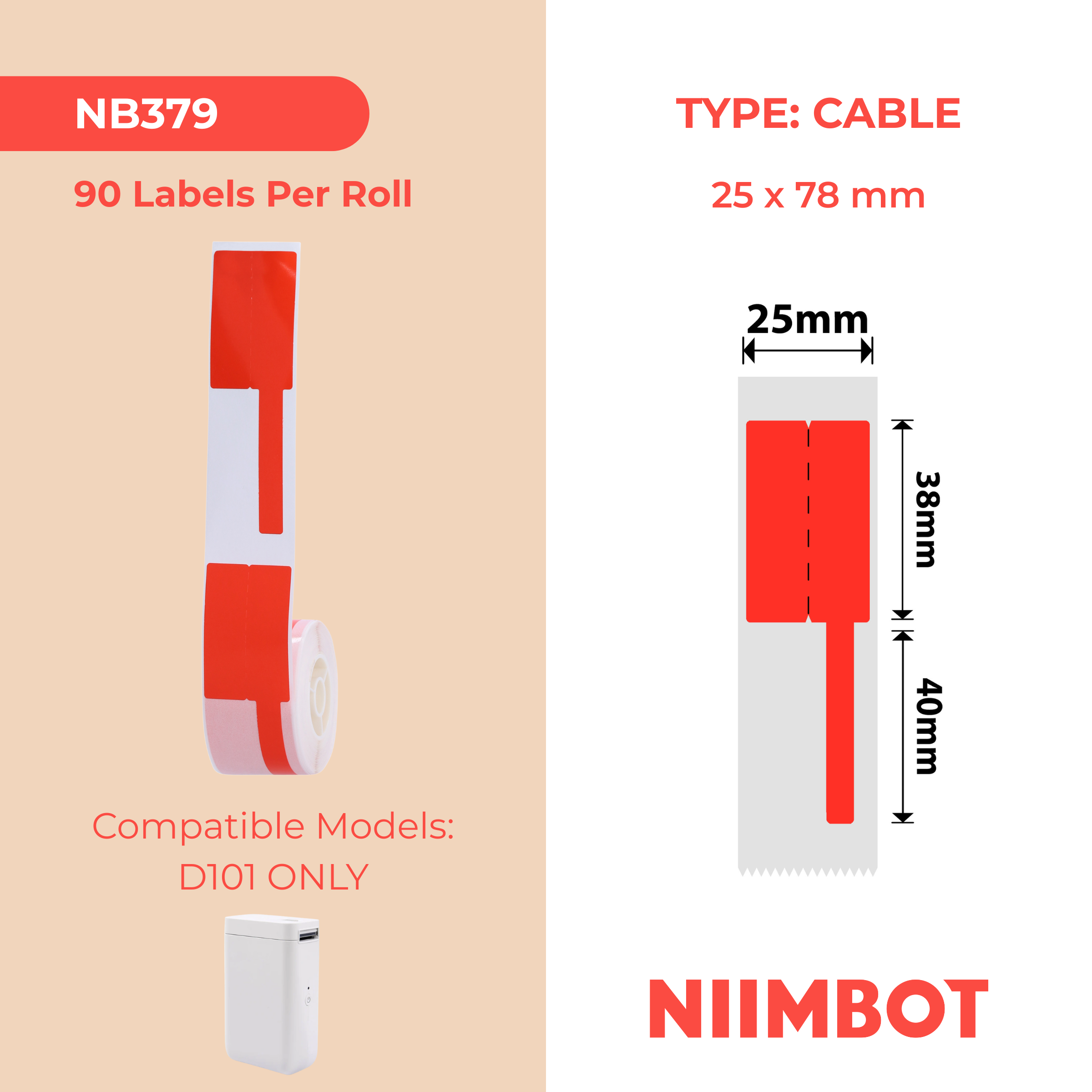 NB379 - Niimbot - D101 Only - 25x78mm - 85 Red Cable Labels