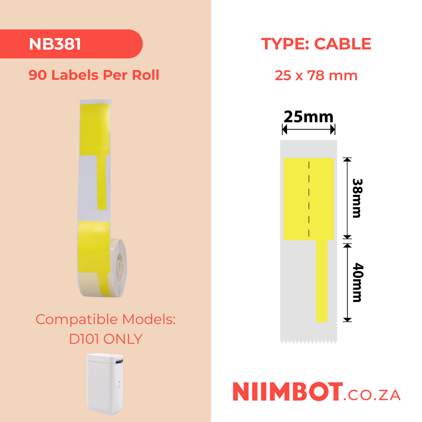 NB381 - NIIMBOT - D101 ONLY - R25X78MM - 90 LABELS PER ROLL - CABLE - YELLOW