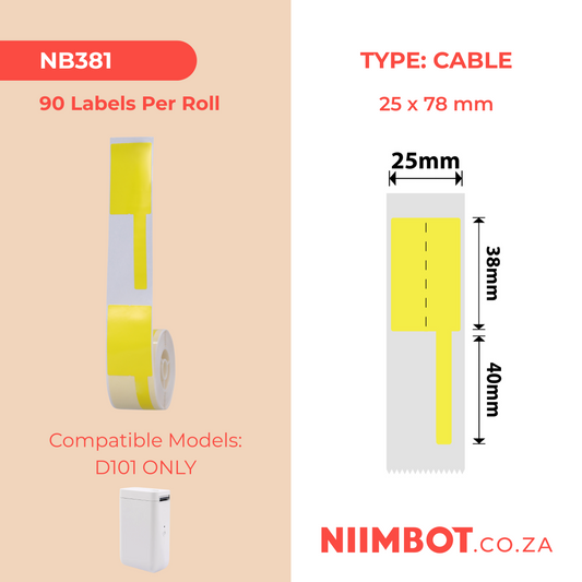 NB381 - NIIMBOT - D101 ONLY - R25X78MM - 90 LABELS PER ROLL - CABLE - YELLOW