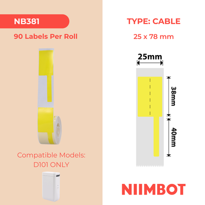 NB381 - NIIMBOT - D101 ONLY - R25X78MM - 90 LABELS PER ROLL - CABLE - YELLOW