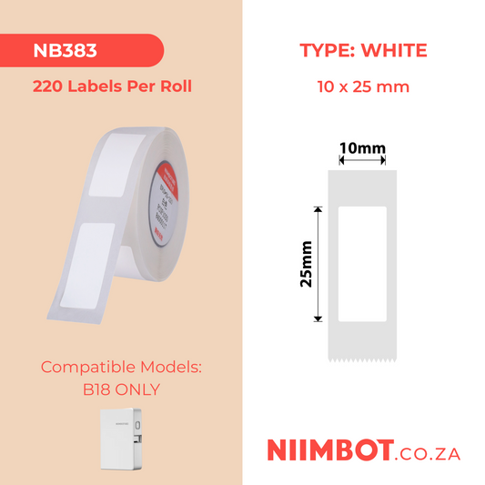 NB383 - NIIMBOT - B18 / N1 - EW10X25mm - 220 LABELS PER ROLL - WHITE