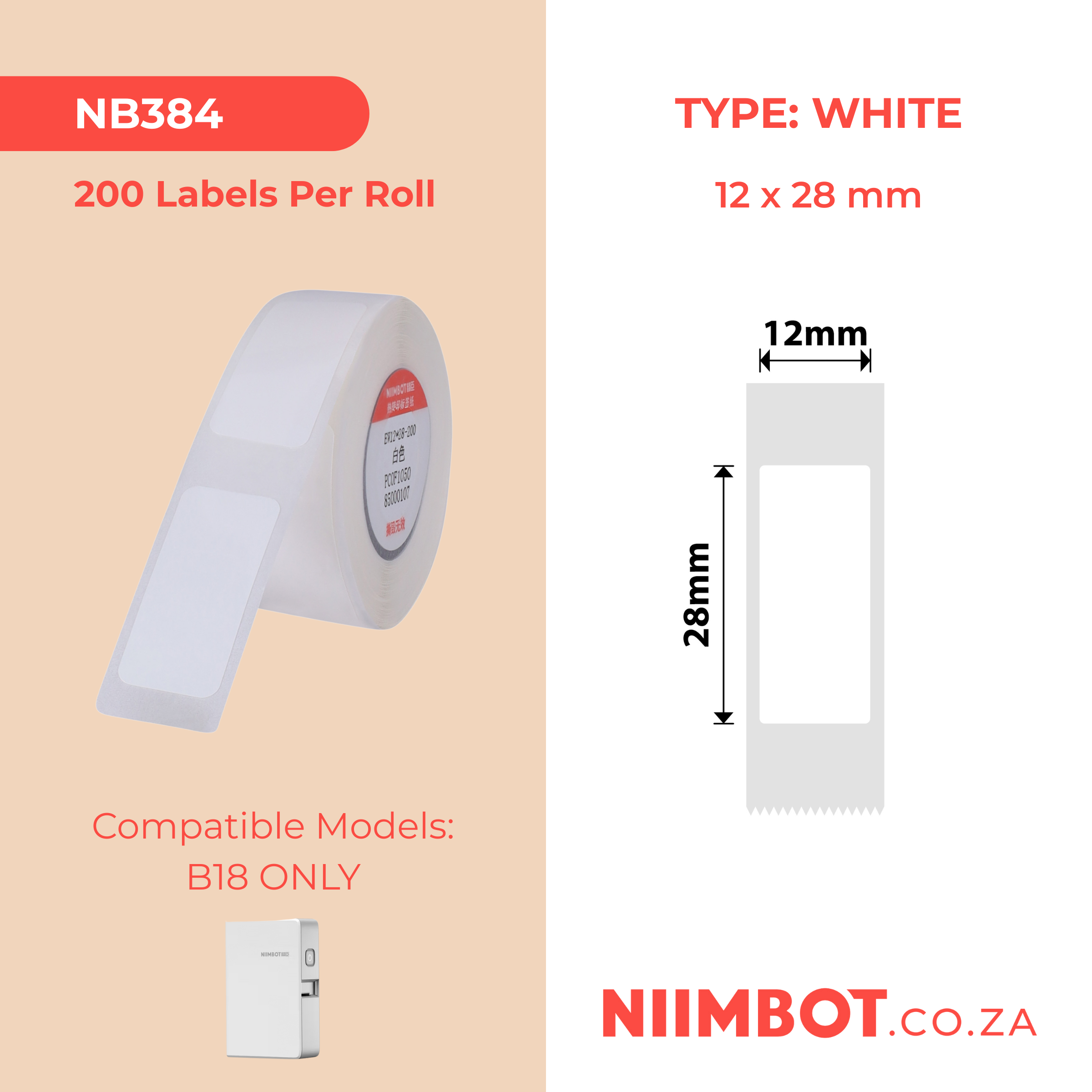 NB384 - NIIMBOT - B18 / N1 - EL12X28mm - 200 LABELS PER ROLL - WHITE