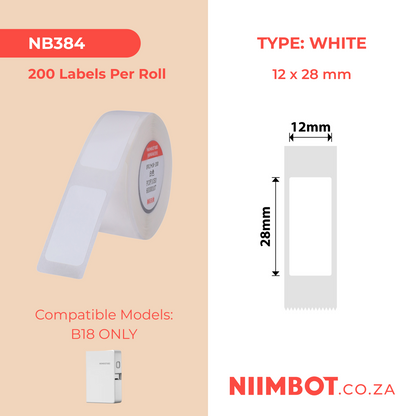 NB384 - NIIMBOT - B18 / N1 - EL12X28mm - 200 LABELS PER ROLL - WHITE
