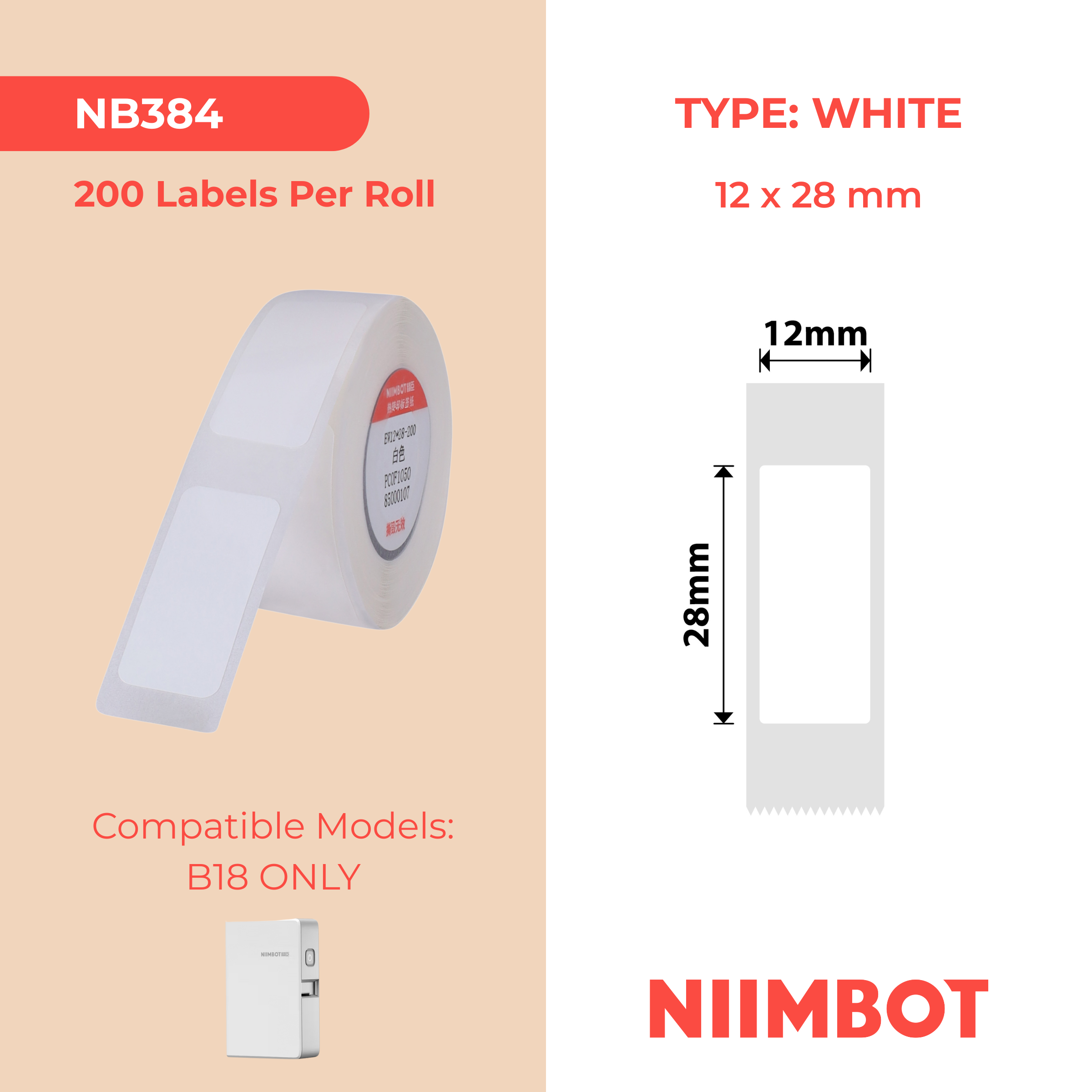 NB384 - NIIMBOT - B18 / N1 - EL12X28mm - 200 LABELS PER ROLL - WHITE