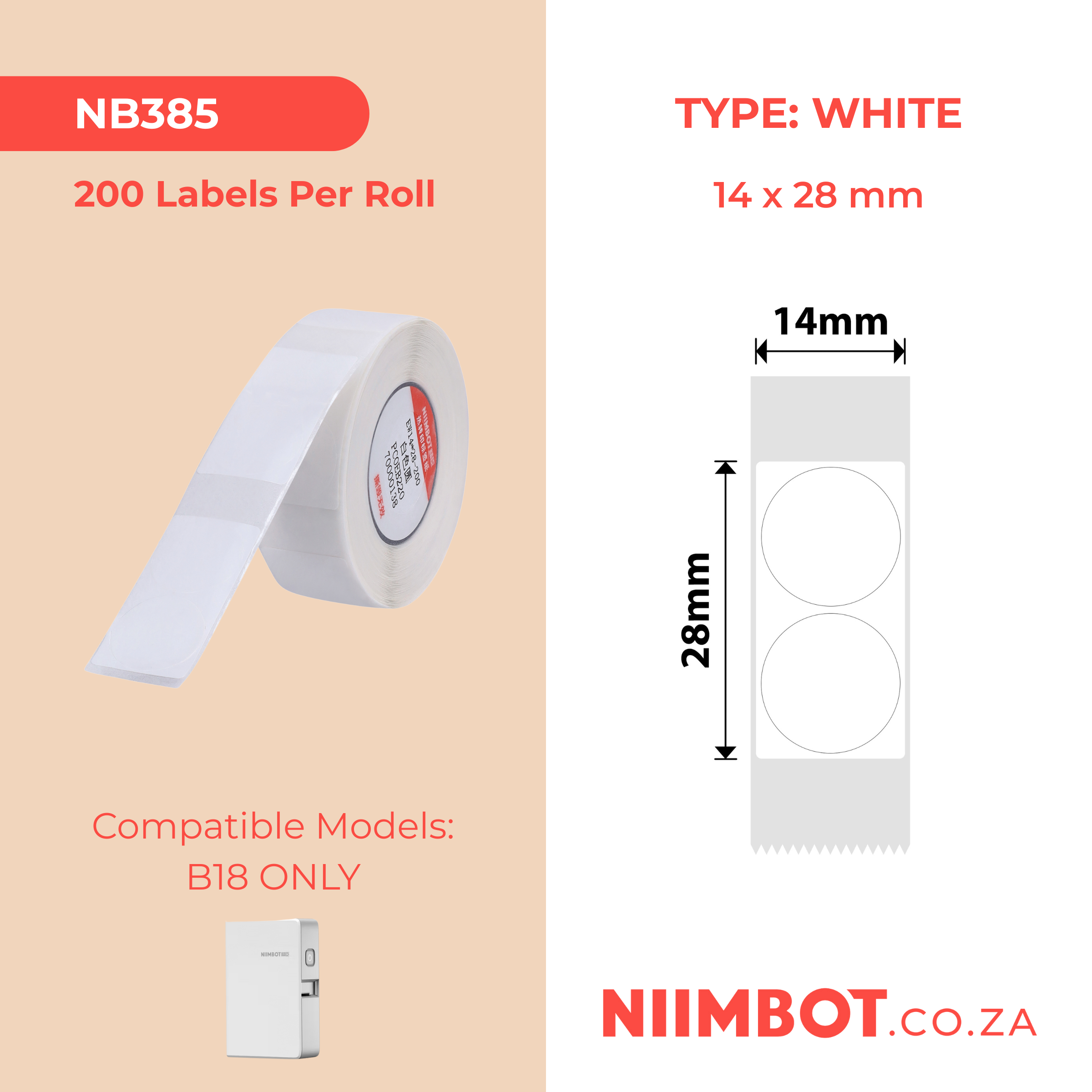 NB385 - NIIMBOT - B18 / N1 - EL14X28mm -200 LABELS PER ROLL - WHITE ROUND DESIGN