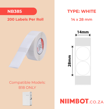 NB385 - NIIMBOT - B18 / N1 - EL14X28mm -200 LABELS PER ROLL - WHITE ROUND DESIGN