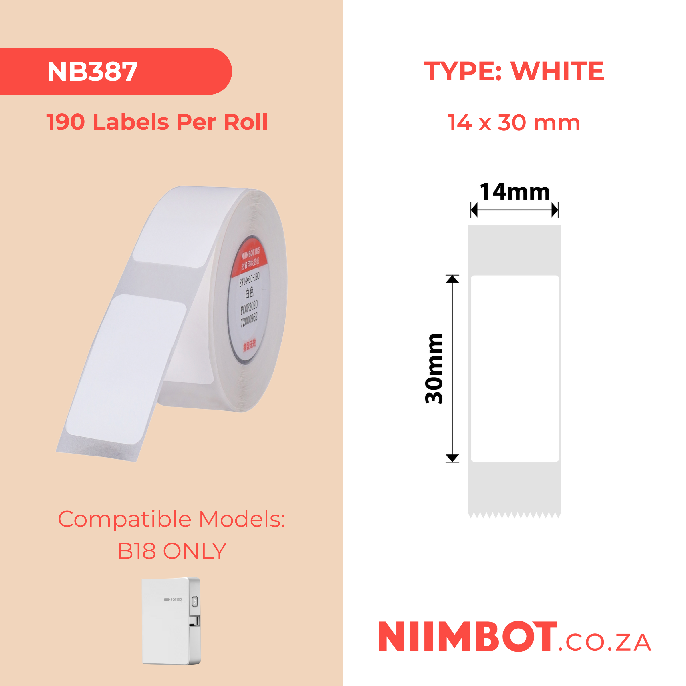 NB387 - NIIMBOT - B18 / N1 - EW14X30mm - 190 LABELS PER ROLL - WHITE