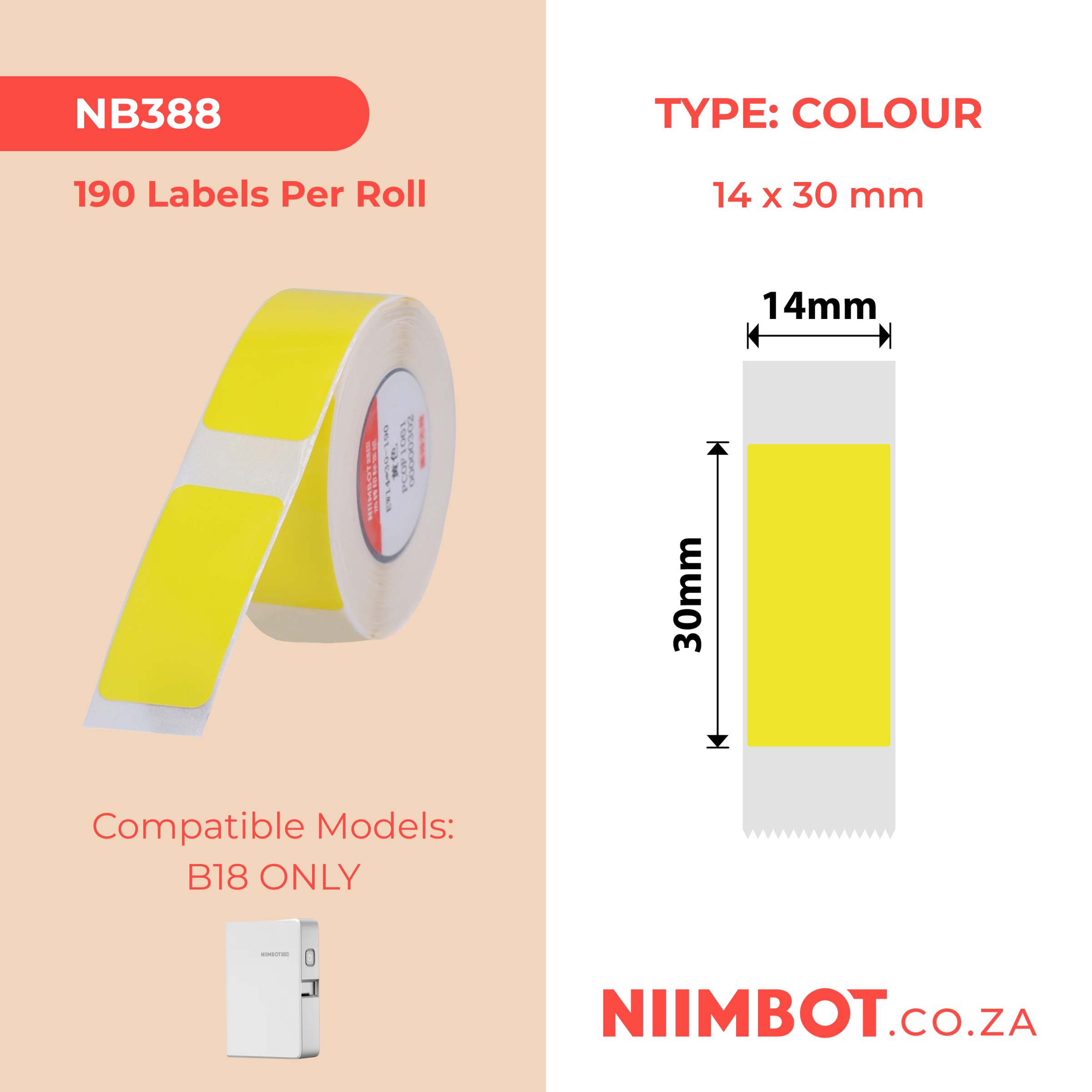 NB388 - NIIMBOT - B18 / N1 - EW14X30mm - 190 LABELS PER ROLL - YELLOW